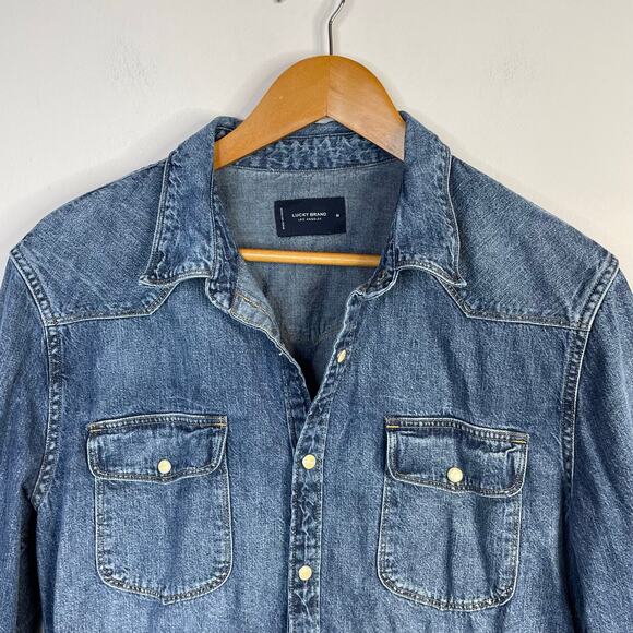 Lucky Brand Cotton Blue Jean Denim Western Cowboy Snap Long Sleeve Shirt Mens M - Picture 4 of 16